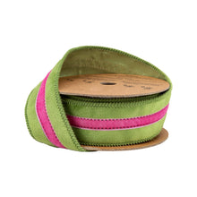 Load image into Gallery viewer, 1 1/2" Wired Velvet Ribbon w/ Trim | Green w/ Pink Trim | 10 Yard Roll