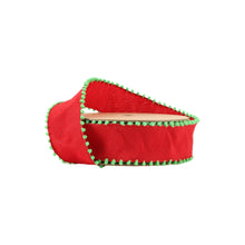 Load image into Gallery viewer, 1 1/2&quot; Wired Ribbon | Red w/ Lime Green Pom Pom Edge | 10 Yard Roll