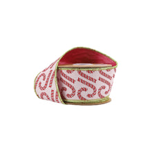 Load image into Gallery viewer, 2 1/2" Wired Jacquard Ribbon | Candy Cane on Pink w/ Dupioni Back | 5 Yard Roll