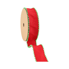 Load image into Gallery viewer, 1 1/2&quot; Wired Ribbon | Red w/ Lime Green Pom Pom Edge | 10 Yard Roll