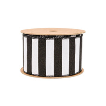 Load image into Gallery viewer, 2 1/2&quot; Wired Ribbon | Horizontal Black Glittered Stripes on White | 10 Yard Roll