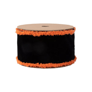 2 1/2" Wired Ribbon | Black with Orange Fuzzy Edge | 10 Yard Roll