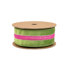 Load image into Gallery viewer, 1 1/2" Wired Velvet Ribbon w/ Trim | Green w/ Pink Trim | 10 Yard Roll