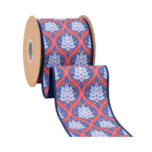 Load image into Gallery viewer, 4" Wired Dupioni Ribbon | Red/White/Blue Flame w/ Blue Backing | 10 Yard Roll