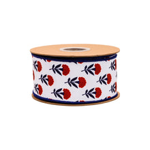 Load image into Gallery viewer, 2 1/2" Wired Dupioni Ribbon | Red/White/Blue Floral w/ Blue Backing | 10 Yard Roll