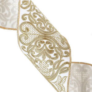 Vickerman 4"x5yd Gold/White Embroidery Ribbon: 4"X5YD / Gold / 70% Polyester, 30% Nylon