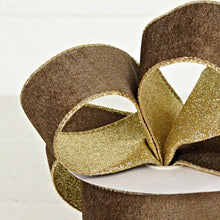 Load image into Gallery viewer, 2.5inWx10Yard Wired Ribbon-Cappuccino Velvet/Gold
