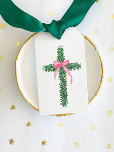 Boxwood Cross Pink Bow Gift Tag