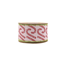 Load image into Gallery viewer, 2 1/2" Wired Jacquard Ribbon | Candy Cane on Pink w/ Dupioni Back | 5 Yard Roll