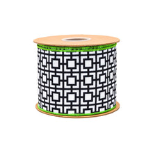 Load image into Gallery viewer, 4" Wired Dupioni Ribbon | Black/White Breeze Block w/ Lime Green Backing | 10 Yard Roll