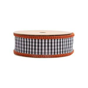 1" Wired Ribbon | Black/White Mini Check w/ Orange Backing | 10 Yard Roll