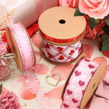 Load image into Gallery viewer, Wired Ribbon | Pink w/ Red Glitter Heart &amp; White XO | 10 Yd: 1 1/2"