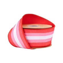 Load image into Gallery viewer, 2 1/2" Wired Dupioni Ribbon | Red and Pink Stripe w/ Red Backing | 10 Yard Roll