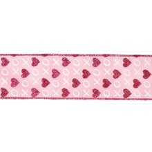 Load image into Gallery viewer, Wired Ribbon | Pink w/ Red Glitter Heart &amp; White XO | 10 Yd: 1 1/2"