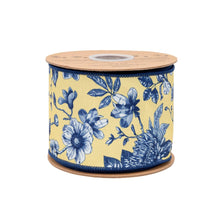 Load image into Gallery viewer, 4" Wired Dupioni Ribbon | Blue and Yellow Toile w/ Blue Backing | 10 Yard Roll